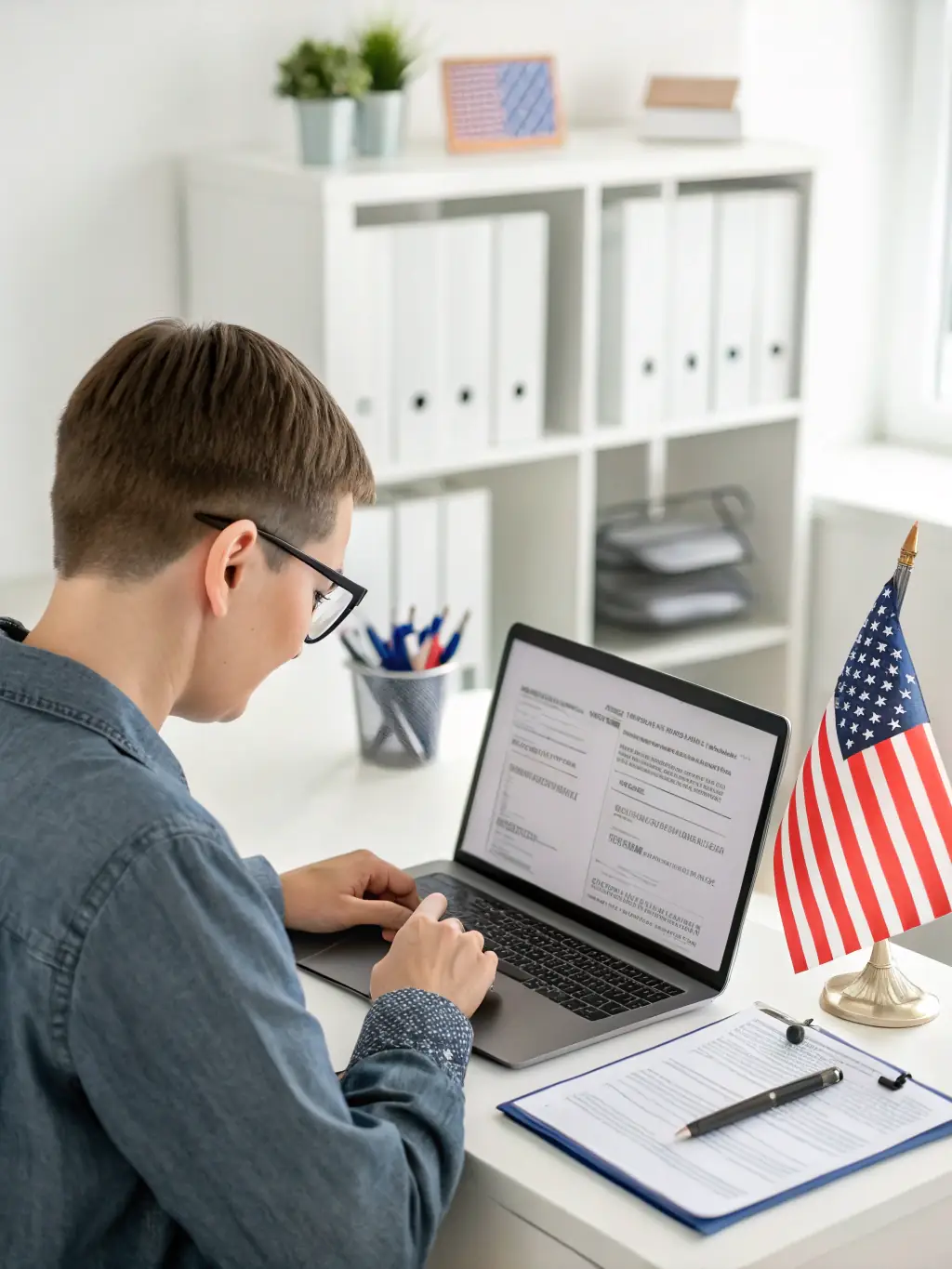 An image of a government form being filled out on a laptop, with a U.S. flag in the background, representing EIN acquisition services.