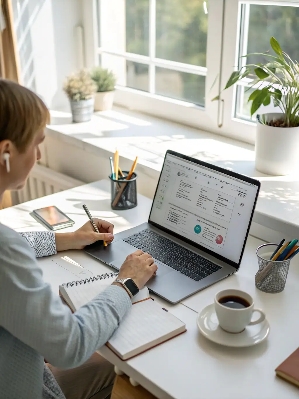 An image of a person using a laptop with banking apps open, with U.S. currency and banking cards visible, illustrating business bank account setup.