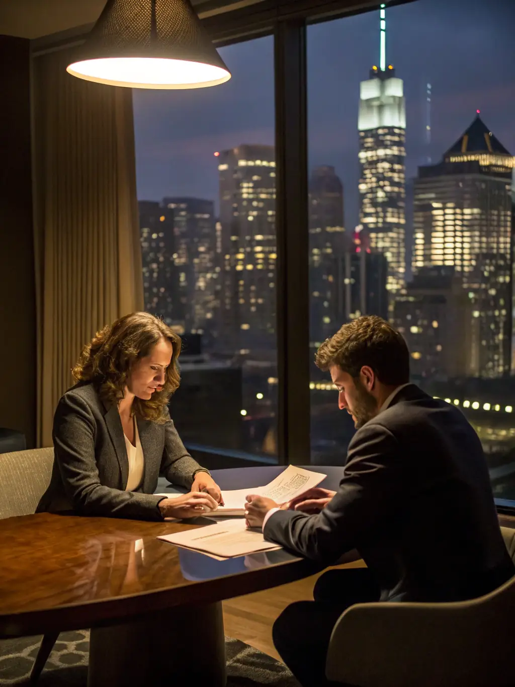 An image of a professional business consultant discussing documents with a client, with U.S. and French flags in the background, symbolizing LLC formation assistance.